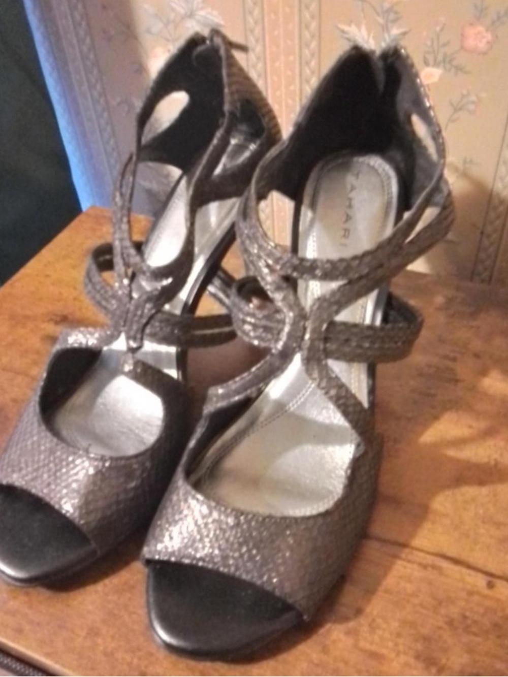 Tahari Metallic Pewter Open-Toe Strappy Heels